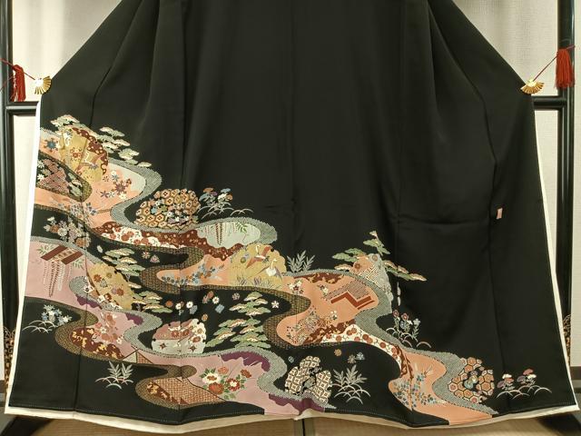 平和屋着物●豪華黒留袖 友禅 作家物 政治郎 駒刺繍 雪輪花鳥文 金彩 高島屋扱い 正絹 逸品 AABE5781fy