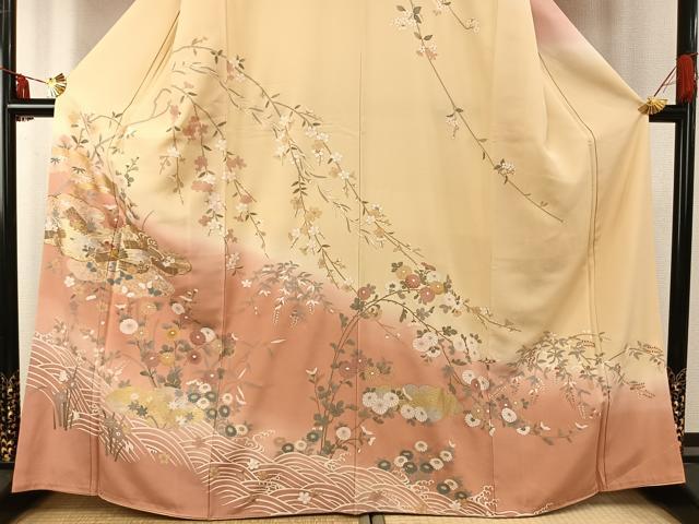 平和屋着物●訪問着 駒刺繍 雲取り花文 暈し染め 金彩 正絹 逸品 AABE5803fy