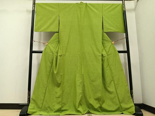 平和屋着物●上質な紬 色無地 青朽葉色 ロング丈 正絹 逸品 AABE5894ph