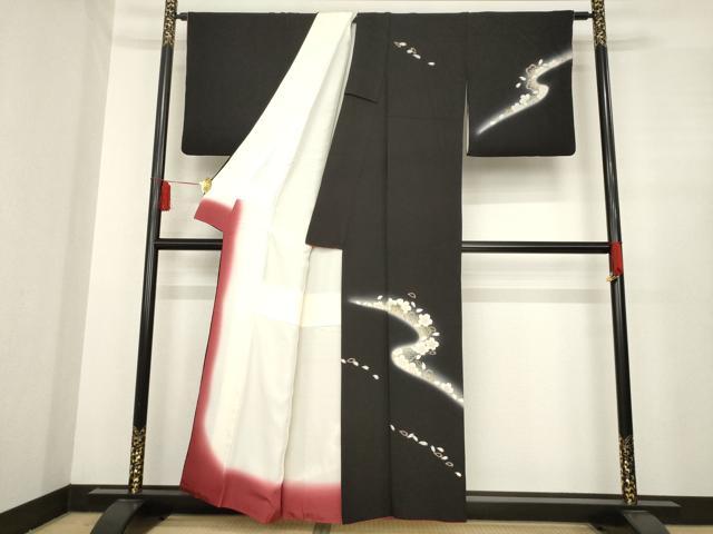 平和屋着物●訪問着 駒刺繍 流水花文 暈し染め 黒地 鬼しぼ縮緬 正絹 逸品 AABE5980ck