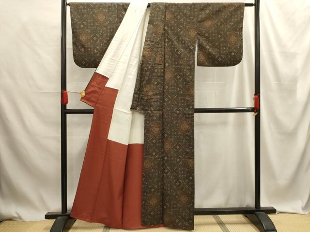 平和屋着物■上質な小紋 色紙花文 お召縮緬 正絹 逸品 AABE6234sx
