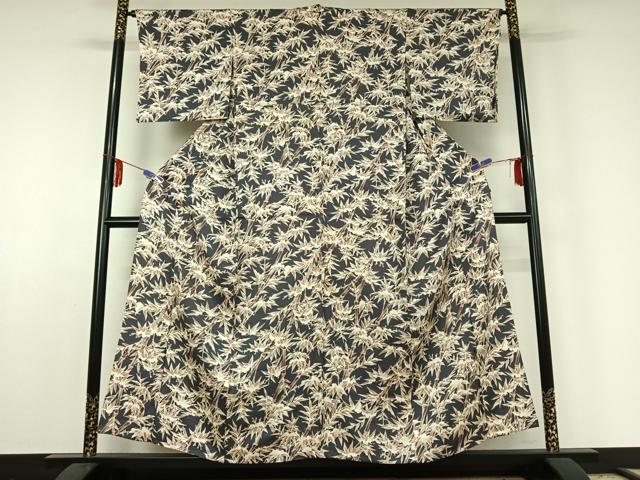 平和屋着物▽森英恵・HANAE MORI 小紋 単衣 雪持ち笹竹文 反端付き 正絹 逸品 AABE6690jh