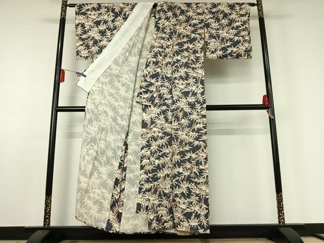 平和屋着物▽森英恵・HANAE MORI 小紋 単衣 雪持ち笹竹文 反端付き 正絹 逸品 AABE6690jh