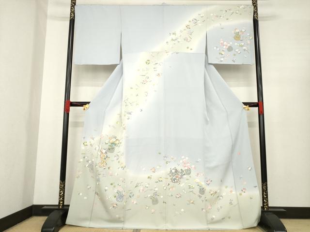 平和屋着物●友禅作家　岡部修治　訪問着　童子花篭文　暈し染め　正絹　逸品　AABE6803ck 平和屋着物○友禅作家 岡部修治 訪問着 童子花篭文 暈し染め