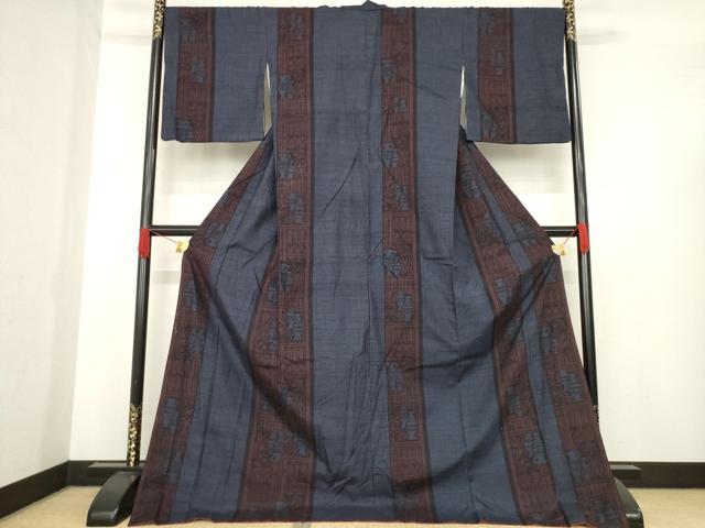 平和屋着物●結城紬 100亀甲 陶器文 間道 ロング丈 正絹 逸品 AABE6811ck