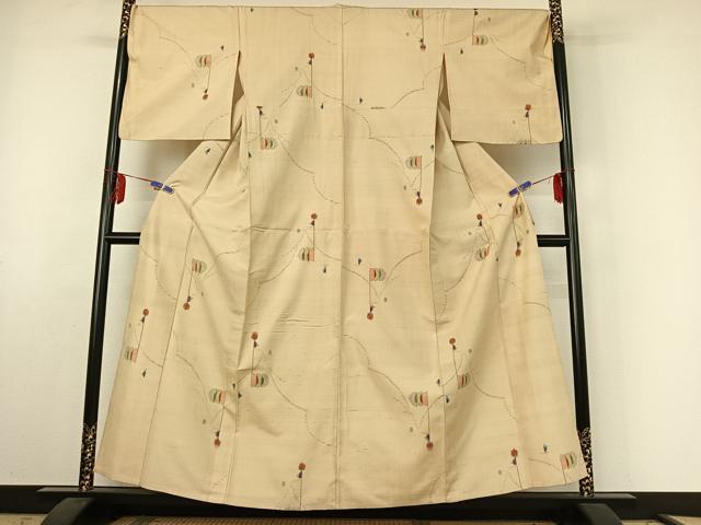 平和屋着物▽上質な紬 単衣 幾何学文様 正絹 逸品 AABE6842jh
