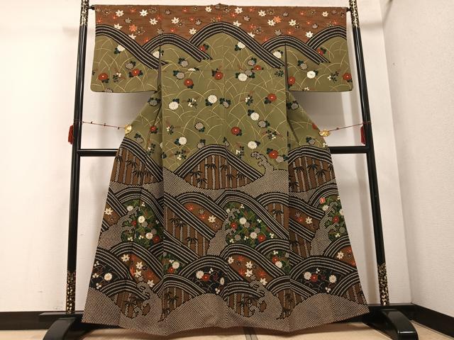 ｍ2142＊正絹 花井幸子落款 金駒刺繡 松 トール 手縫い仕立て 訪問着 m2142＊正絹 花井幸子落款 金駒刺繡 松 トール 手縫い仕立て 訪問着