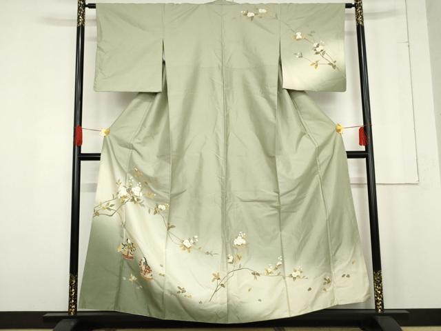 平和屋着物○訪問着 白山紬地 人物枝花文 正絹 逸品 AABE7021cs