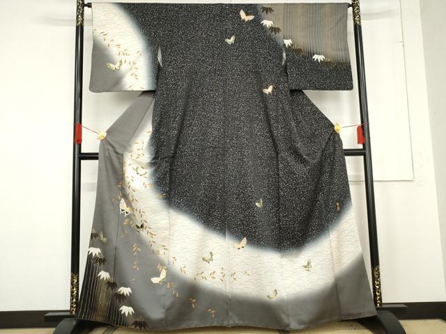 平和屋着物○訪問着 好粋 舞蝶文 暈し染め 黒地 金銀