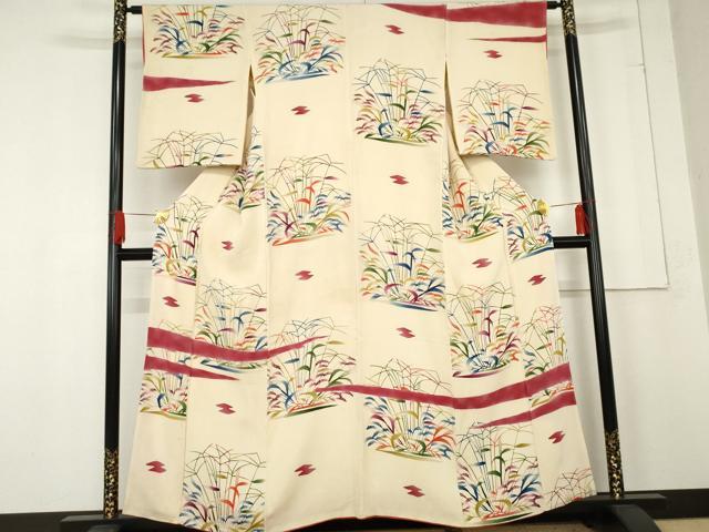 平和屋着物●型絵染の人間国宝 稲垣稔次郎 訪問着 枝葉文 鬼しぼ縮緬 正絹 逸品 AABE7084cs
