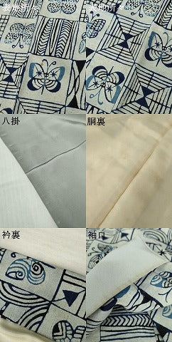 平和屋着物●国画会国展作家 立花長子 小紋 紬地 藍 型絵染 格子舞蝶文 正絹 逸品 AABE7093cs