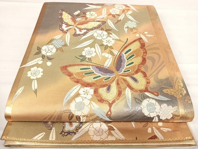 平和屋着物◎六通柄袋帯 枝垂れ花蝶文 金糸 正絹 逸品 AABE7180yx