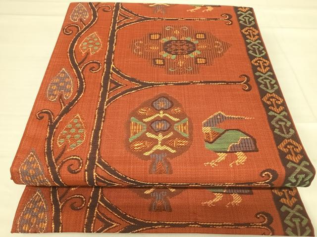平和屋着物◎六通柄袋帯 石摺唐糸 コプト花鳥文 正絹 逸品 AABE7246yx