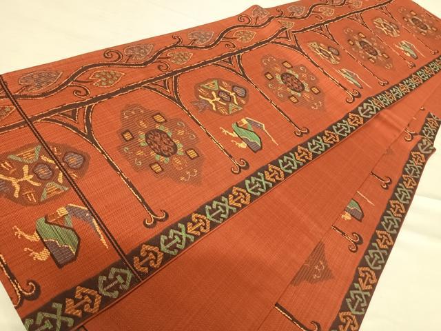 平和屋着物◎六通柄袋帯 石摺唐糸 コプト花鳥文 正絹 逸品 AABE7246yx