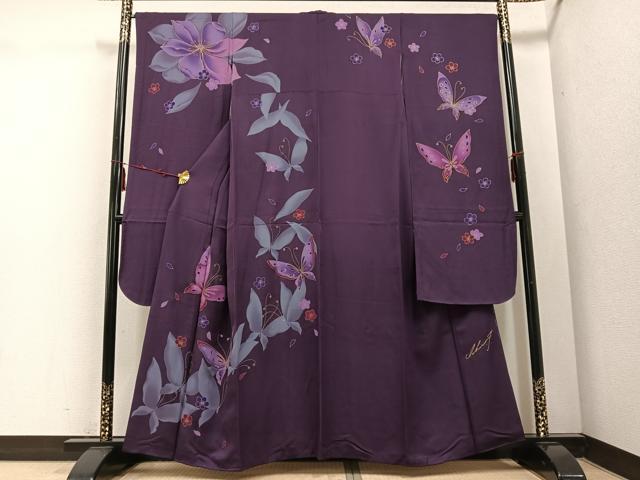 D360 振袖　花模様　蝶　紫　正絹　着物　袷 平和屋着物○画家 鶴田一郎 振袖 花蝶文 金彩 正絹 逸品 AABE7327ph