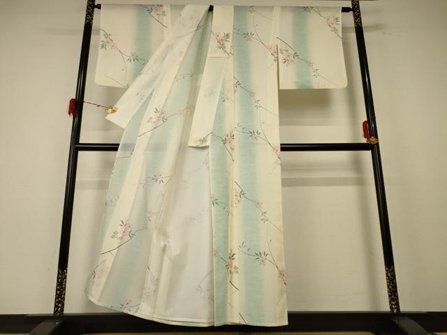 平和屋着物*夏物 小紋 絽 流水草花文 洗える着物 AABE7478jd