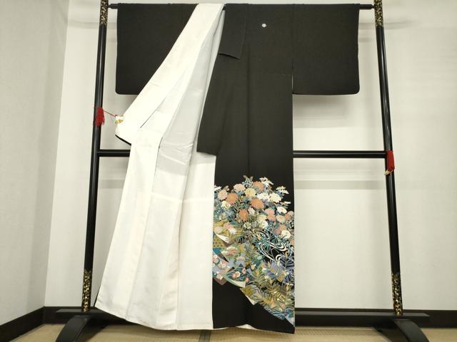 平和屋着物●豪華黒留袖 友禅 作家物 蘇州刺繍 草花文 金糸 正絹 逸品 AABE7584ck