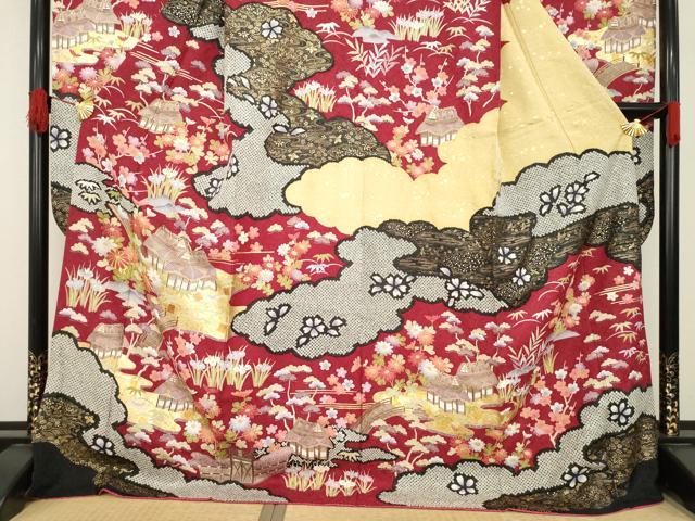 平和屋着物●豪華振袖 駒刺繍 風景花文 金彩 ロング丈 正絹 逸品 AABE7600ck