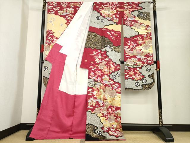 平和屋着物●豪華振袖 駒刺繍 風景花文 金彩 ロング丈 正絹 逸品 AABE7600ck