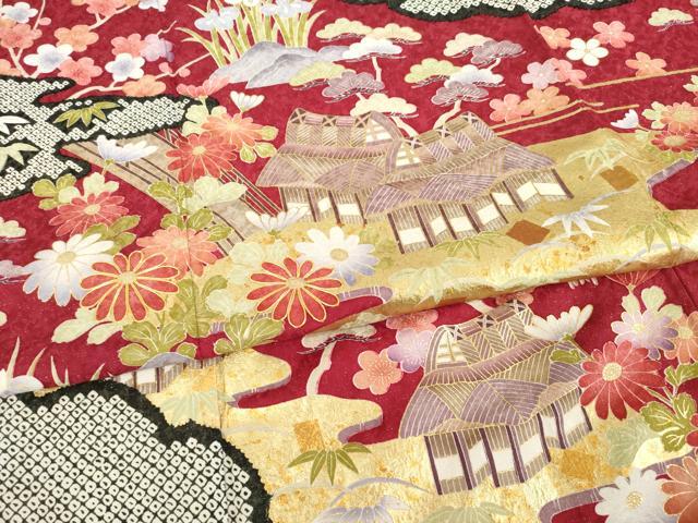 平和屋着物●豪華振袖 駒刺繍 風景花文 金彩 ロング丈 正絹 逸品 AABE7600ck