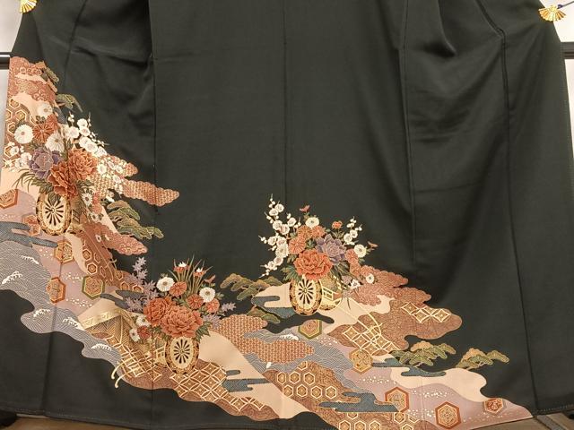 平和屋着物■豪華黒留袖 駒刺繍 花車文 金彩 正絹 逸品 AABE7708oa