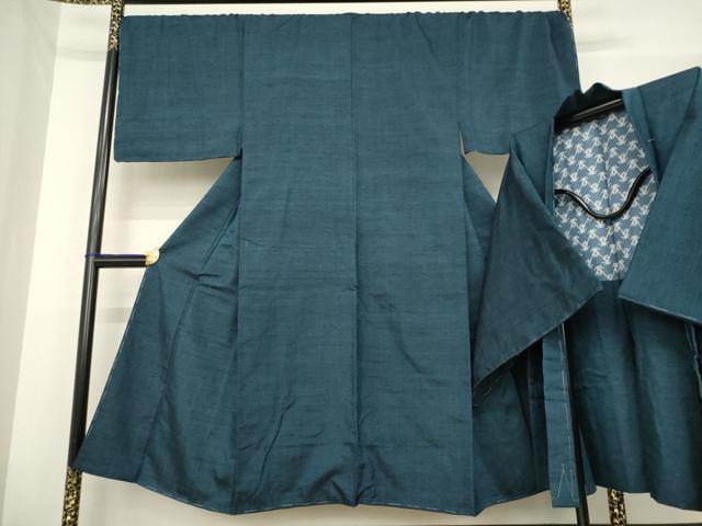 平和屋着物●男性 紬 アンサンブル 色無地 藍鉄色 正絹 逸品 AABE7724ck