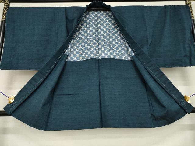 平和屋着物●男性 紬 アンサンブル 色無地 藍鉄色 正絹 逸品 AABE7724ck