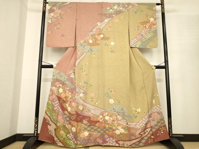 平和屋着物○訪問着 作家物 染苑 流水花文 金彩 正絹 逸品 AABE7747ck