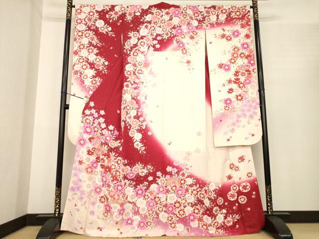 平和屋着物●豪華振袖　駒刺繍　花毬文　暈し染め　銀通し地　正絹　逸品　AABE7748ck 平和屋着物○豪華振袖 駒刺繍 花毬文 暈し染め 銀通し地 正絹 逸品