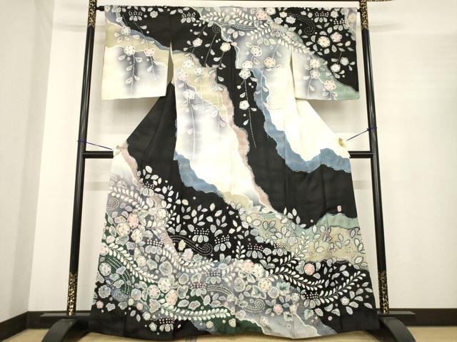 平和屋着物●越後十日町の一流染匠 桐屋・翠山工房 訪問着 辻が花 舞花文 銀通し地 正絹 逸品 AABE7754ck