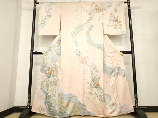 平和屋着物●楽心庵　訪問着　紬地　花織　横段文　正絹　逸品　AABE4417ck 平和屋着物○楽心庵 訪問着 紬地 花織 横段文 正絹