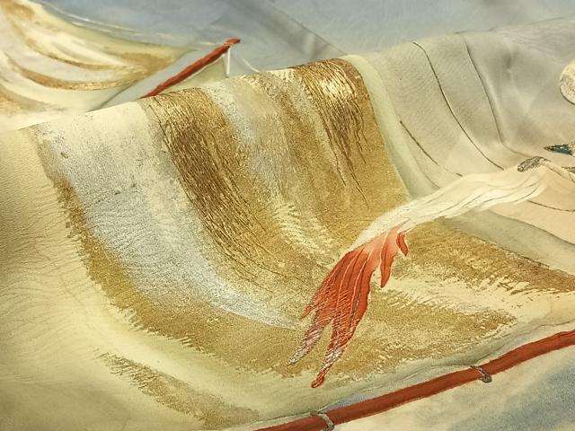 平和屋着物▽アンティーク 大正ロマン 訪問着 単衣 手描き 刺繍 立波飛鳥文 船 暈し染め 金彩 金銀糸 正絹 逸品 AABE8055jh