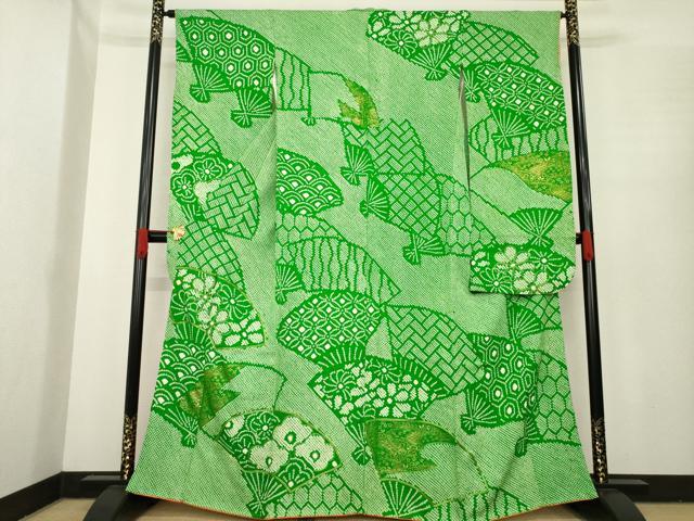 平和屋着物●豪華振袖 総絞り 駒刺繍 扇面花文 金彩 正絹 逸品 AABE8176ck