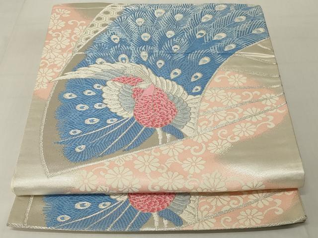平和屋着物◎六通柄袋帯 唐織 孔雀花文 銀糸 正絹 逸品 AABE8277ou
