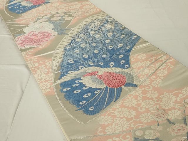 平和屋着物◎六通柄袋帯 唐織 孔雀花文 銀糸 正絹 逸品 AABE8277ou