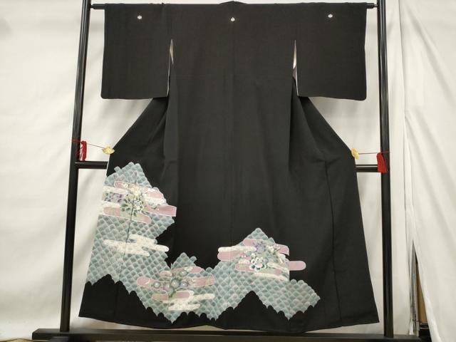 平和屋着物■豪華黒留袖 駒刺繍 エ霞花青海波文 銀彩 正絹 逸品 AABE8508st