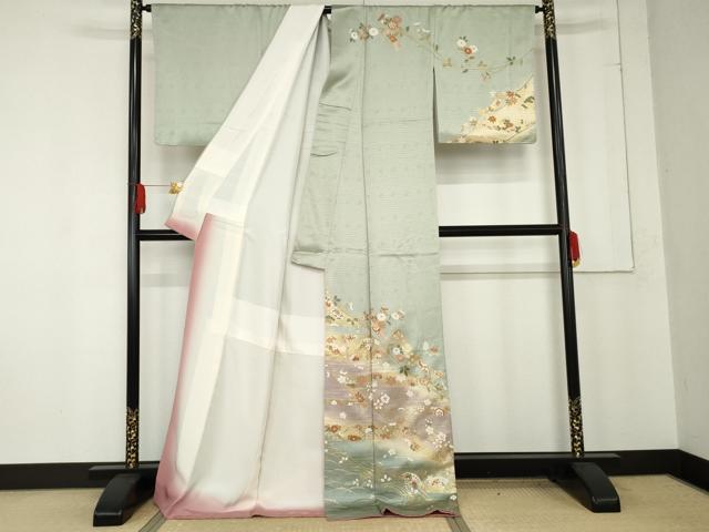平和屋着物●訪問着 短冊花蝶文 暈し染め 金彩 ロング丈 正絹 逸品 AABE8572cs