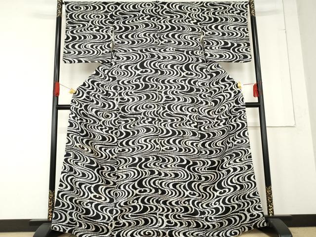 平和屋着物●訪問着 総絞り 駒刺繍 流水文 黒地 正絹 逸品 AABE8579cs