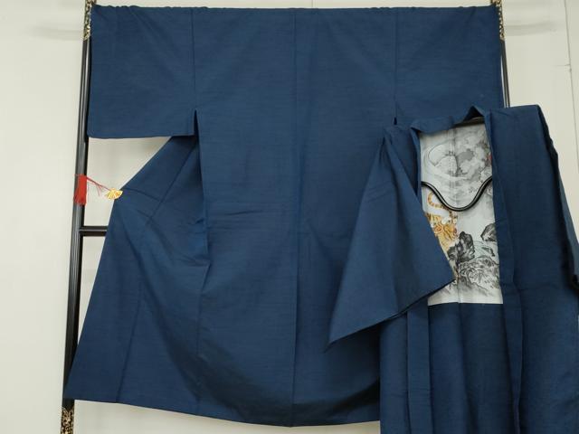 平和屋着物●男性 紬 アンサンブル 色無地 青藍色 羽裏:虎 正絹 逸品 AABE8584cs