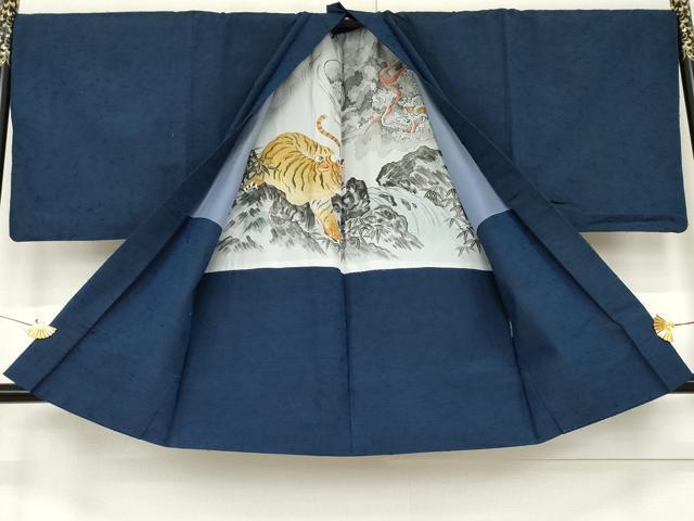 平和屋着物●男性 紬 アンサンブル 色無地 青藍色 羽裏:虎 正絹 逸品 AABE8584cs