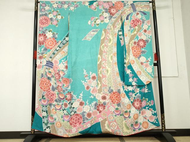 平和屋着物●名門 藤娘きぬたや・総絞り 振袖 吉祥草花文 正絹 逸品 AABE8586cs