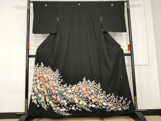 平和屋着物●豪華黒留袖 友禅 作家物 翠晶 花鳥文 正絹 逸品 AABE8608cs