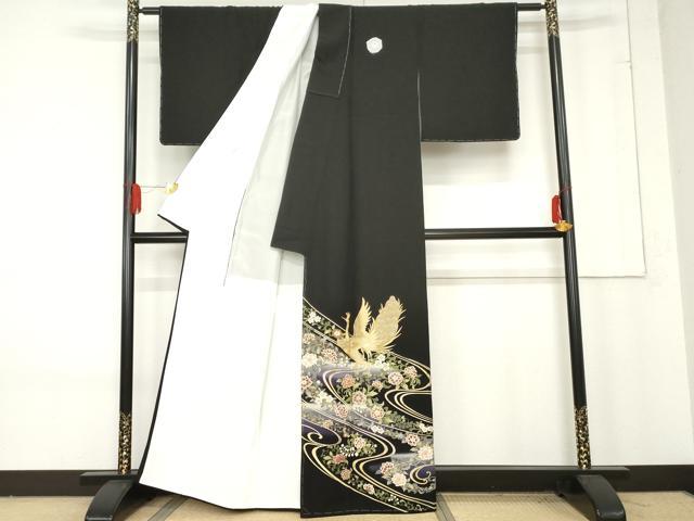 平和屋着物●豪華黒留袖 駒刺繍 孔雀更紗花文 暈し染め 金彩 正絹 逸品 未使用 AABE8609cs
