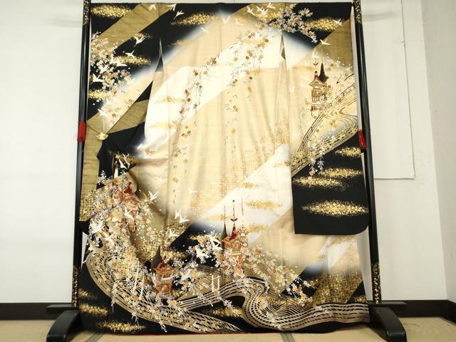 美品 振袖 深い黄緑 扇面 鶴 花文 雪輪 金彩加工 金駒刺繍 身丈154cm 平和屋着物○豪華振袖 駒刺繍 飛鶴吉祥花文 暈し染め 金彩 正絹 逸品