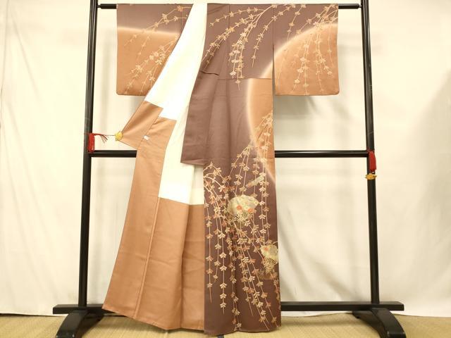 平和屋着物■訪問着 刺繍 枝垂れ花扇子文 暈し染め 金糸 金彩 正絹 逸品 AABE8768fw