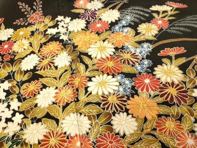 平和屋着物■豪華黒留袖 駒刺繍 草花文 金彩 正絹 逸品 AABE8818fw