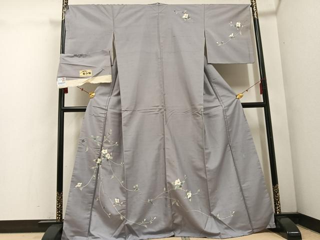 平和屋着物●訪問着 白山紬地 友禅 作家物 枝花文 銀座おゝぎ屋扱い 正絹 逸品 AABE8929ph