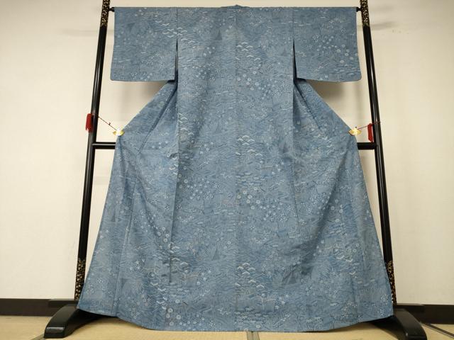 平和屋着物*夏物 小紋 絽 正藍染 型染め 風景草花文 反端付き 正絹 逸品 AABE9020jd