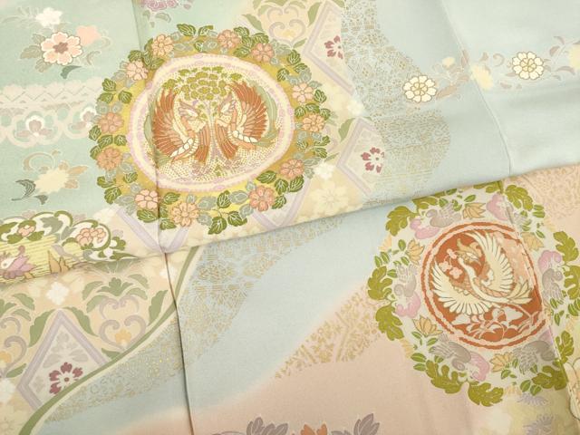 平和屋着物●訪問着 友禅 駒刺繍 向い鳥花丸文 暈し染め 金彩 正絹 逸品 AABE9209ck