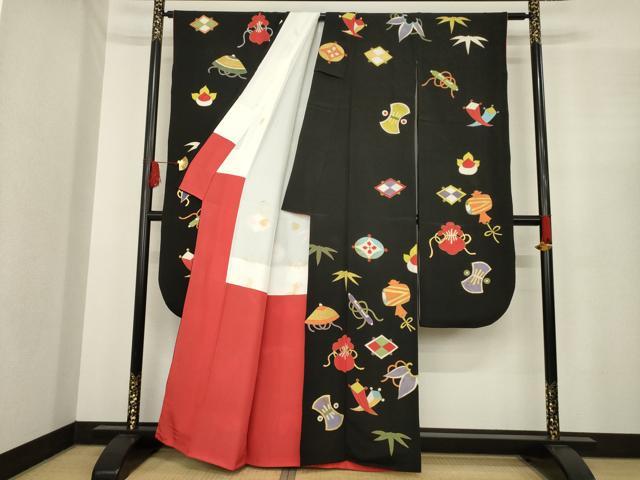 平和屋着物●豪華振袖 友禅 宝尽くし 黒地 金彩 正絹 逸品 AABE9236ck